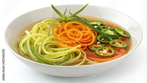 An artistic focus on vibrant yellow and orange carrots spiraled alongside the green zoodles harmonizing in a bowl of savory miso broth. The sheen of the broth reflects the