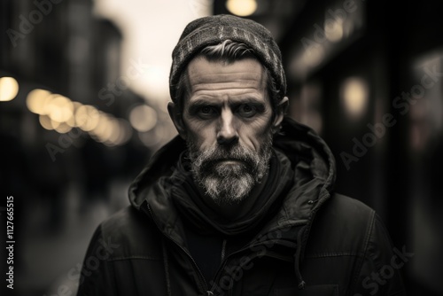 Portrait of an adult man with a beard and mustache in a black jacket on a city street