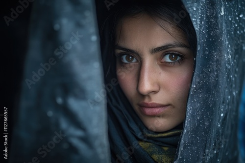 Refugee in temporary shelter in soft ambient light, emotional depth , with copy space