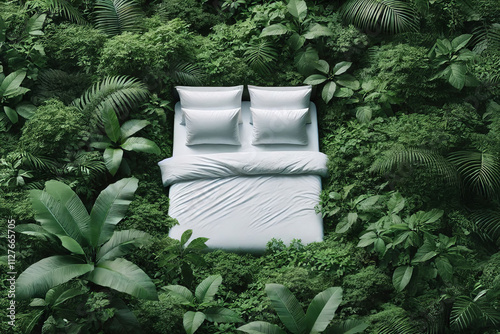 White bed with pillows and blanket surrounded by tropical green foliage. Top view photography. Jungle and nature relaxation concept. Design for poster, banner, and wallpaper. photo