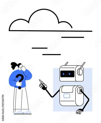 Human holding question mark robot pointing upwards cloud, and horizontal lines. Ideal for AI, technology, cloud computing, problem-solving, innovation, future, automation themes. Line metaphor
