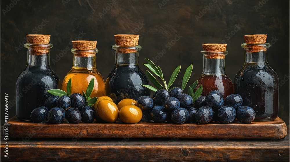 Five bottles of olive oil and balsamic vinegar with olives. Five bottles of olive oil and balsamic vinegar with olives.