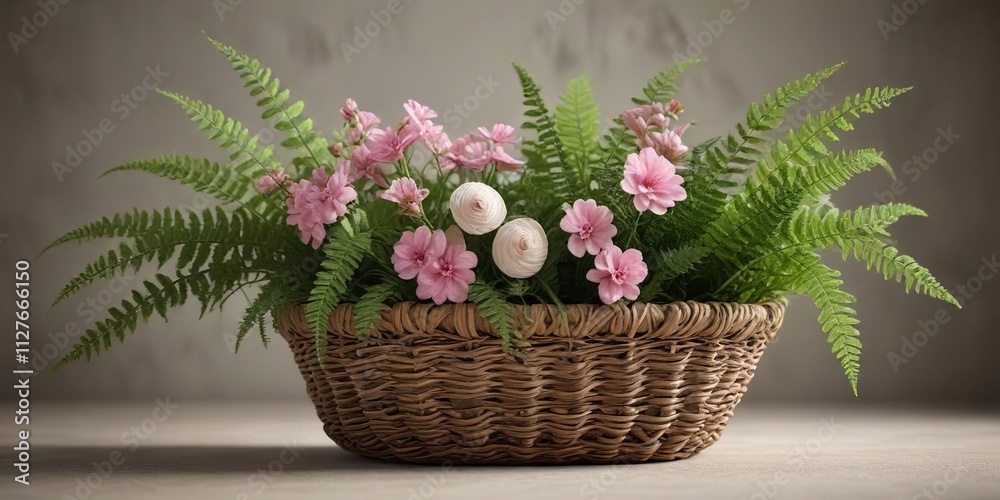 Woven basket filled with fern leaves, seashells, and delicate pink flower, beach vibes, botanical decoration, sea treasures, holiday memories, rustic charm Woven basket filled with fern leaves, seashells, and delicate pink flower, beach vibes, botanical decoration, sea treasures, holiday memories, rustic charm