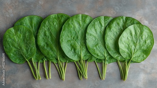 Flat lay of eight vibrant green leaves arranged in a row on a textured gray surface. photo