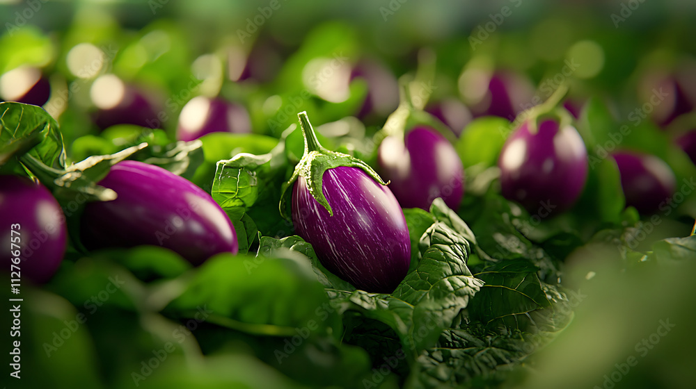 Obraz premium Purple eggplants growing among lush green leaves in vibrant garden. low angle shot captures beauty and freshness of vegetables