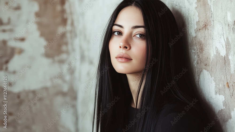 Fototapeta premium Young Woman With Long Black Hair Against A Wall