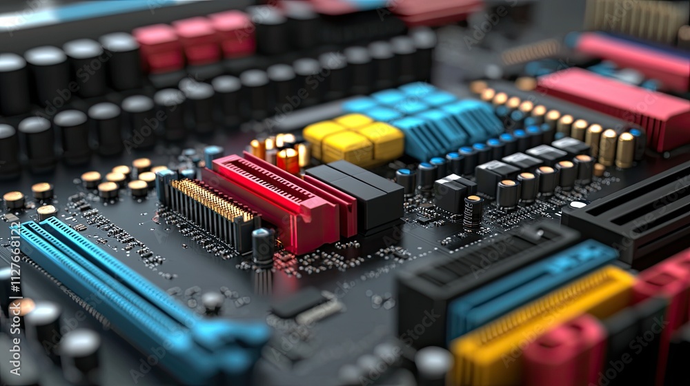 Close-up of a Colorful Computer Motherboard's Intricate Design Close-up of a Colorful Computer Motherboard's Intricate Design