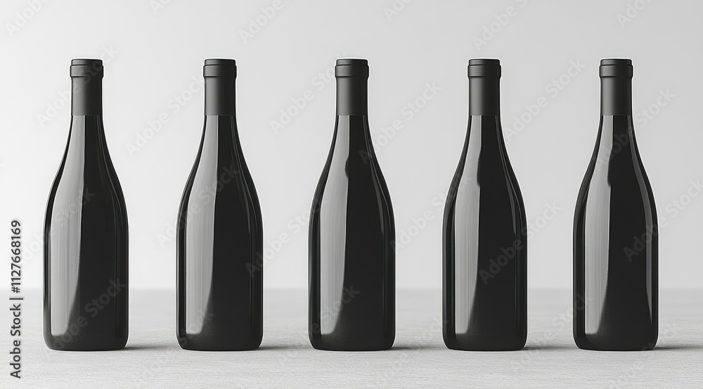 Five black wine bottles in a row on a white background. Five black wine bottles in a row on a white background.