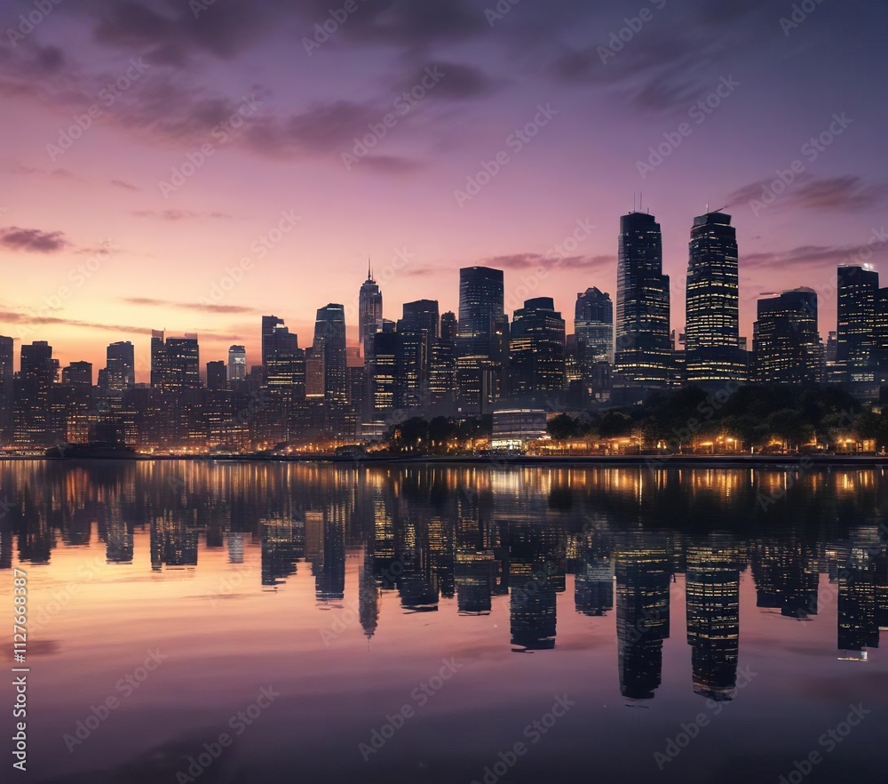 Twilight skyline reflected on glassy waterfront, waterfront, glassy, reflection, buildings, cityscape