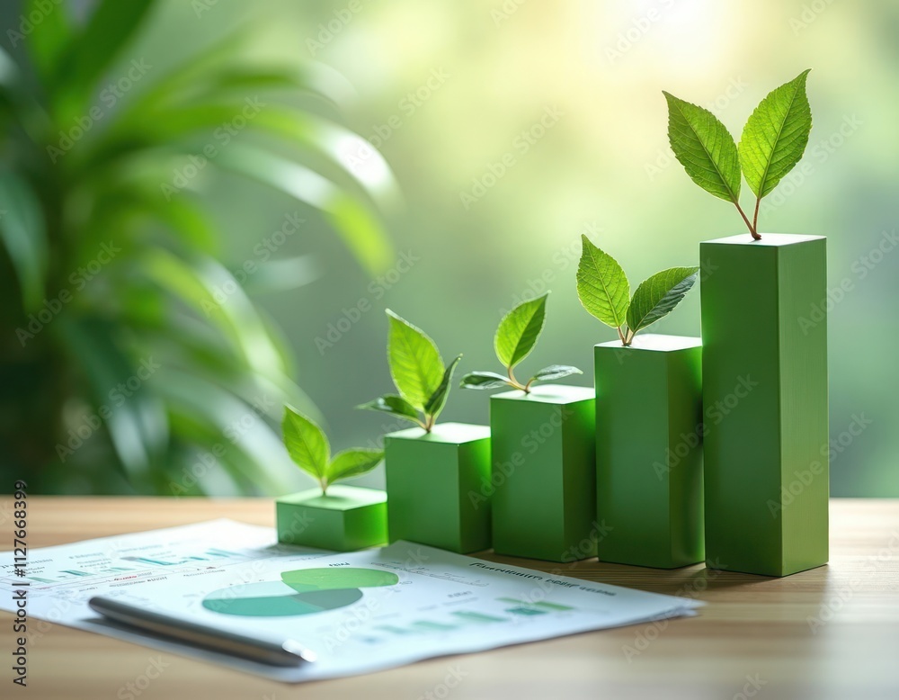 Green investment charts with fresh leaves illustrate sustainable growth. Financial documents, eco friendly plants show eco investment strategy. Graph progress shows sustainable economic development. Green investment charts with fresh leaves illustrate sustainable growth. Financial documents, eco friendly plants show eco investment strategy. Graph progress shows sustainable economic development.