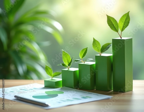 Green investment charts with fresh leaves illustrate sustainable growth. Financial documents, eco friendly plants show eco investment strategy. Graph progress shows sustainable economic development. photo