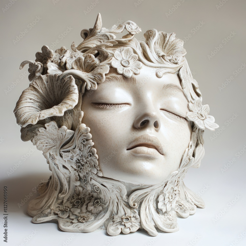 Ornate floral sculpture, serene face, closed eyes. Ornate floral sculpture, serene face, closed eyes.