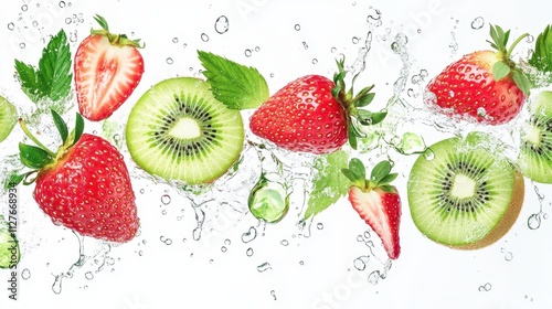 Assorted Bijin-Hime strawberries and kiwi slices in mid-air, with splashes of strawberry and kiwi juice, water droplets, and leaves on a clean white backdrop.