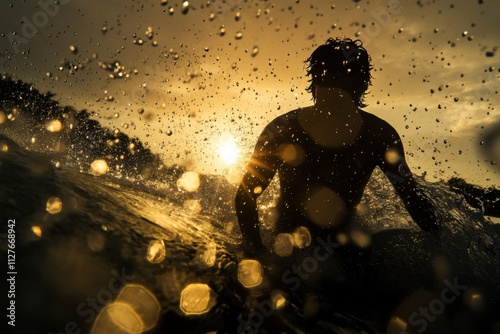 Surfer at dawn with board in golden sunrise light, water droplets visible , with copy space