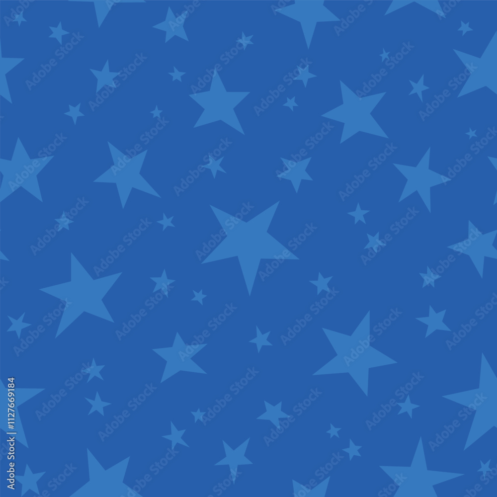Seamless pattern with stars of different sizes. Blue asterisks on bright blue background. Wrapping paper, wallpaper, for kids. Pattern for the record of children room, holidays, for babies. Vector. Seamless pattern with stars of different sizes. Blue asterisks on bright blue background. Wrapping paper, wallpaper, for kids. Pattern for the record of children room, holidays, for babies. Vector.