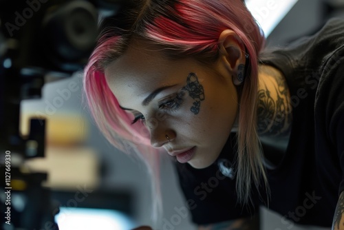 Tattoo artist at work in focused studio lighting, intricate ink details , with copy space