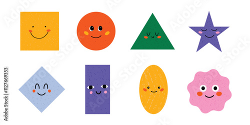 Happy geometric shapes with cute smiling faces. Colorful set of square, circle, triangle, star, diamond, rectangle, oval, and scalloped shape. Fun doodle design for kids. Simple vector illustration.