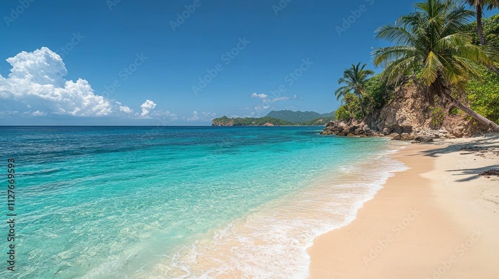 Fototapeta premium Idyllic tropical beach with turquoise water, white sand, and palm trees under a sunny sky.