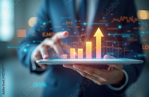 Businessperson holding tablet showing growing bar graph, rising arrow. Digital graphic overlays demonstrate cost reduction. Tech solutions for efficient cost saving. Business improvement concept. photo