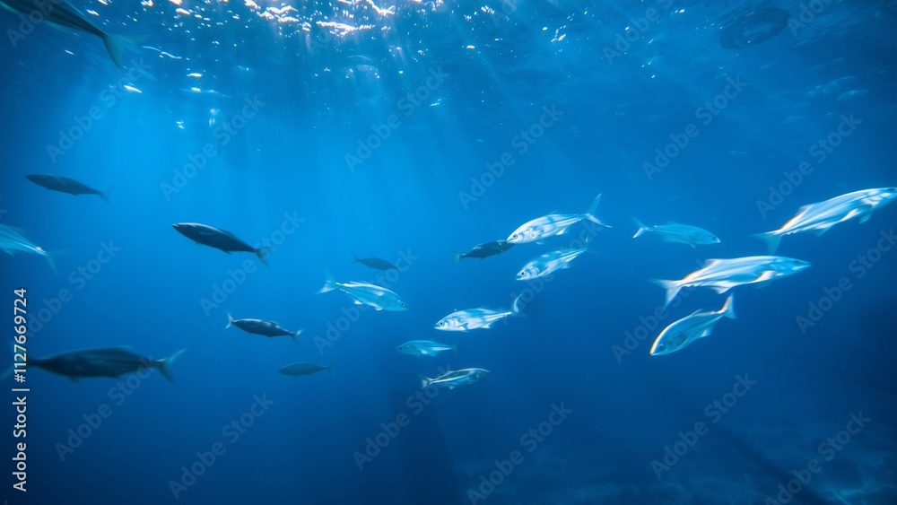 School of Fish Swimming in Crystal Clear Ocean Water with Sunlight Beams School of Fish Swimming in Crystal Clear Ocean Water with Sunlight Beams