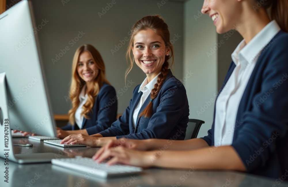 Three happy receptionists work at modern hotel front desks. Sit at computers, smile. Hotel staff provides excellent service to customers. Modern hotel tech tools at lobby desks. Hotel professional, Three happy receptionists work at modern hotel front desks. Sit at computers, smile. Hotel staff provides excellent service to customers. Modern hotel tech tools at lobby desks. Hotel professional,