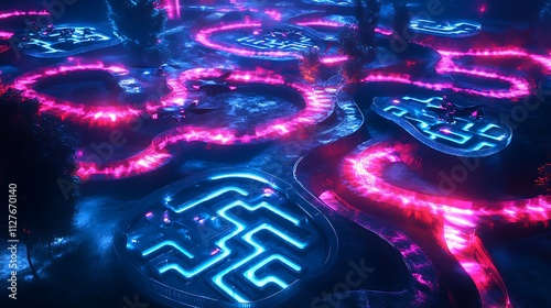 Aerial view of glowing neon pathways forming abstract shapes in a dark, fantasy landscape.