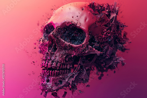 A surreal, fragmented skull against a vibrant gradient background. photo