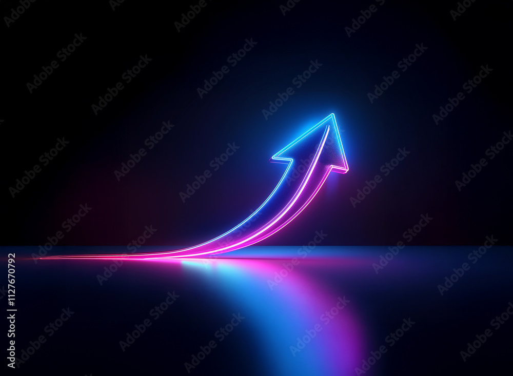 A vibrant neon arrow ascends, glowing with blue and pink light against a dark background. Its reflection enhances the upward, dynamic movement. A vibrant neon arrow ascends, glowing with blue and pink light against a dark background. Its reflection enhances the upward, dynamic movement.