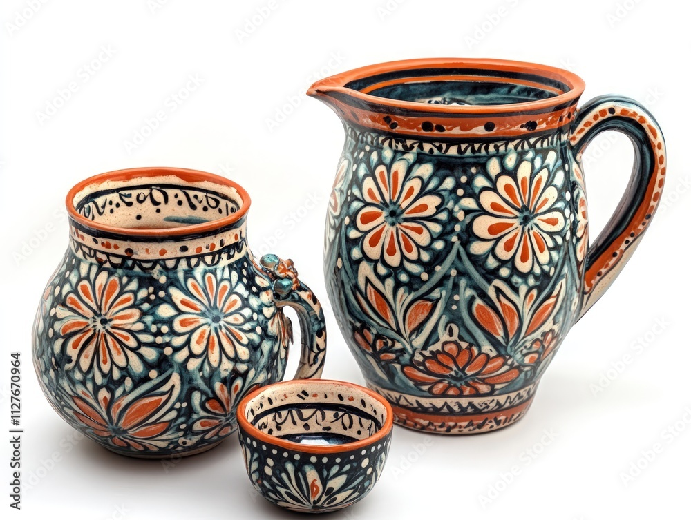 Ornate ceramic pitcher, mug, and cup. Ornate ceramic pitcher, mug, and cup.