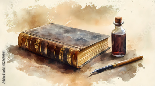 A beautifully aged vintage book with ornate gilded edges, resting beside an ink bottle and quill on a weathered desk, softly painted in a classic watercolor palette. Gilded. Illustration