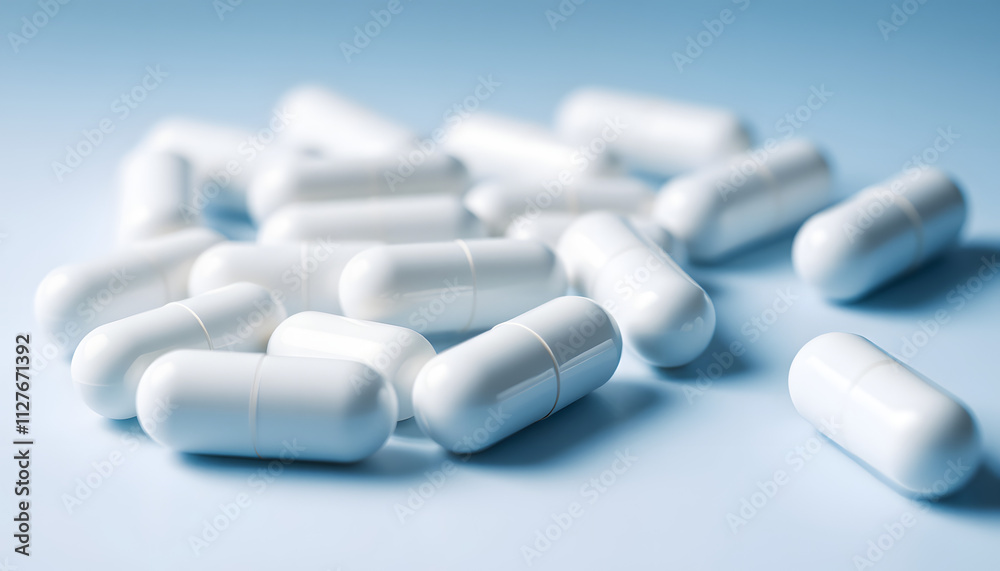 White pills close-up on a blue-white background. close-up, pharmacovigilance, safety quality control isolated with white highlights, png White pills close-up on a blue-white background. close-up, pharmacovigilance, safety quality control isolated with white highlights, png