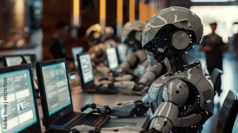 Robots at desks symbolize automated customer support in digital transformation. Robots at desks symbolize automated customer support in digital transformation.