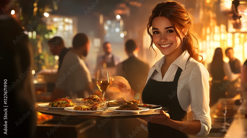 Cheerful waitress holding plated meals in a warmly lit restaurant interior with a busy dining ambiance Cheerful waitress holding plated meals in a warmly lit restaurant interior with a busy dining ambiance