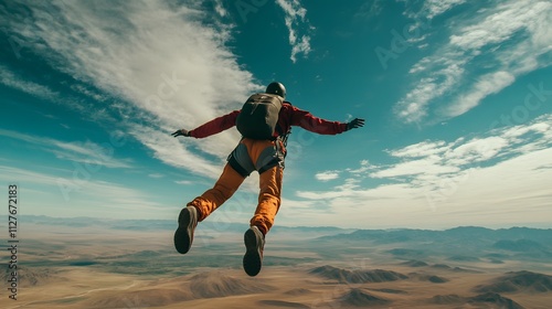 Skydiver leaping from aircraft with vibrant sky and vast desert landscape below