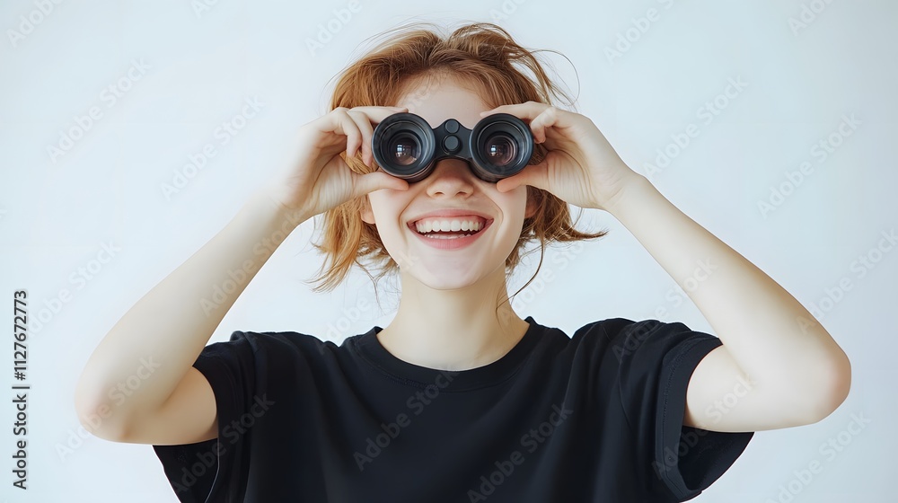 Cheerful young woman smiling and holding binoculars, vibrant expression of joy against a minimalist white background Cheerful young woman smiling and holding binoculars, vibrant expression of joy against a minimalist white background
