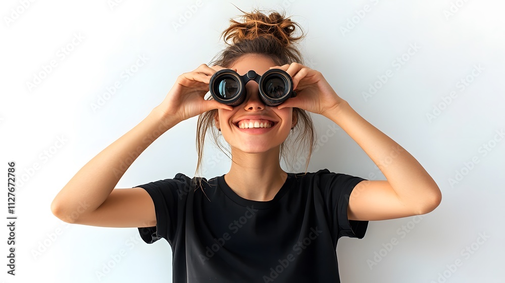 Happy young woman with messy bun using binoculars, playful and curious mood on a clean white backdrop Happy young woman with messy bun using binoculars, playful and curious mood on a clean white backdrop