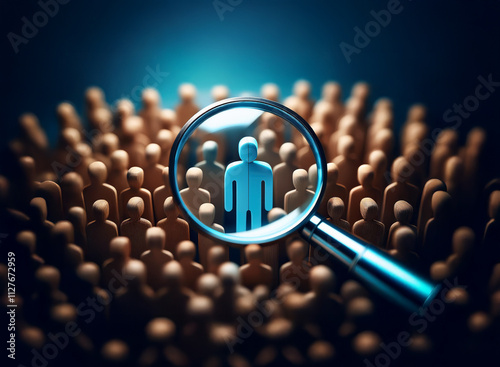 A magnifying glass focuses on a single, illuminated figure within a large crowd of similar figures, symbolizing the search for a unique individual.  The scene suggests recruitment, selection, or talen photo