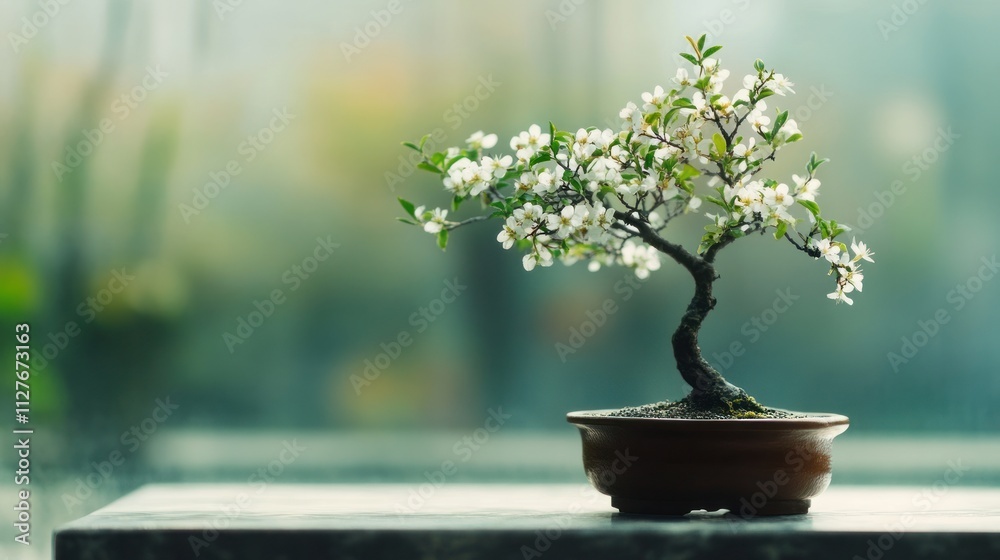 Serene bonsai tree with small white flowers, minimalist background, shallow depth of field 
