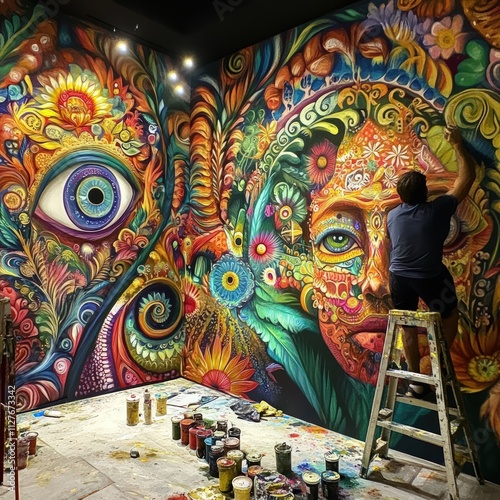 Artist paints vibrant, floral mural, colorful.