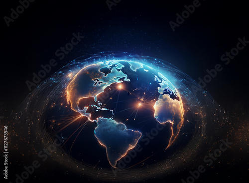 A glowing digital rendering of Earth, showcasing global interconnectedness with vibrant energy lines and nodes.  The image emphasizes digital technology and worldwide communication. photo