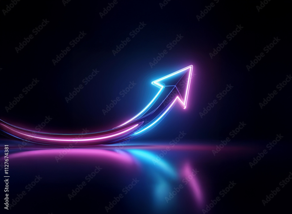 A vibrant, curved neon arrow ascends against a dark background, reflecting on a glossy surface. Its glowing colors suggest progress and growth. A vibrant, curved neon arrow ascends against a dark background, reflecting on a glossy surface. Its glowing colors suggest progress and growth.