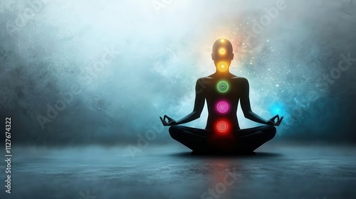 Meditative Yoga Pose with Glowing Chakras