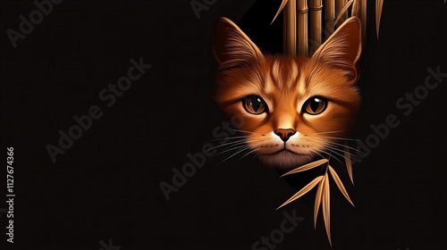 A beautifully illustrated ginger cat peeks through bamboo, against a dark backdrop, exuding curiosity and charm.