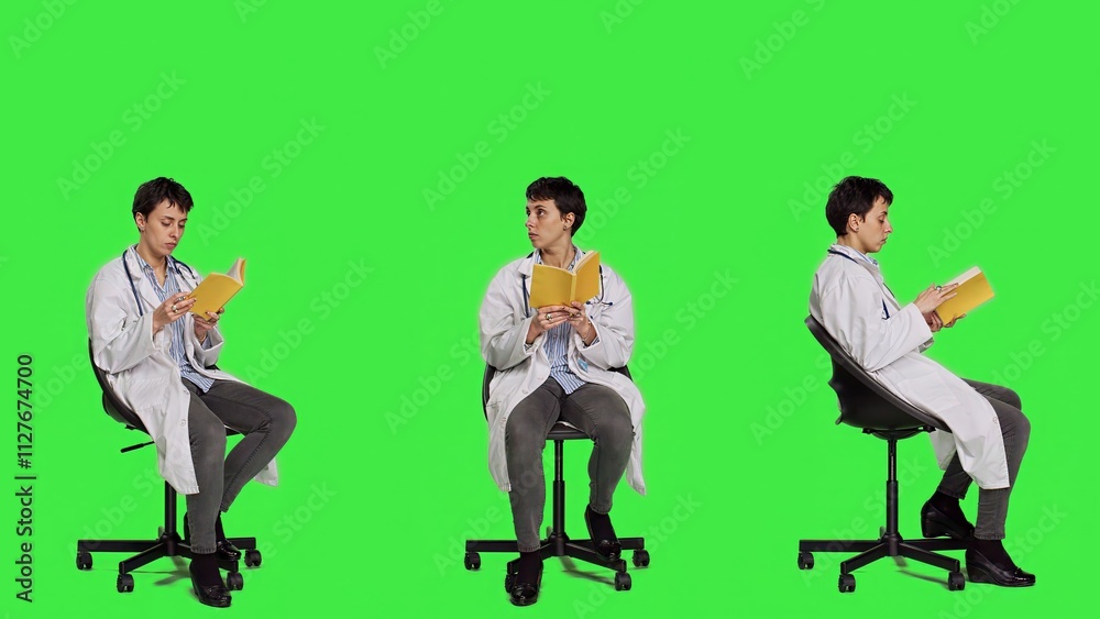 Obraz premium Medic specialist reading a medicine literature book sitting on a chair, enjoying healthcare industry lecture against greenscreen backdrop. Doctor in white coat reads for relaxation. Camera A.