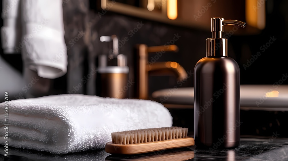 Luxurious bathroom with dark marble, gold accents, white towels, soap dispenser, and brush. Luxurious bathroom with dark marble, gold accents, white towels, soap dispenser, and brush.