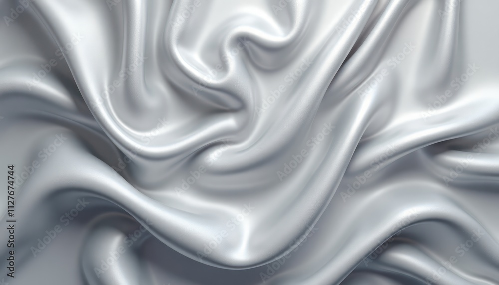 Shiny silver fabric drapes in elegant folds. Smooth texture. Luxurious material. Modern design. Elegant background. Fabric detail. Fashionable cloth. Smooth surface. Luxury material. Premium textile.