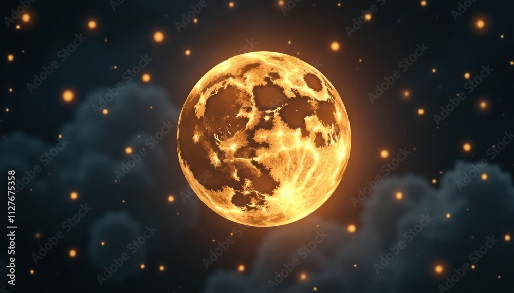 Golden moon hangs in dark night sky. Many small lights sparkle around. Mysterious celestial view. Dark clouds float around moon. Possible for fantasy themes. Good for sci-fi space concepts. Suitable Golden moon hangs in dark night sky. Many small lights sparkle around. Mysterious celestial view. Dark clouds float around moon. Possible for fantasy themes. Good for sci-fi space concepts. Suitable