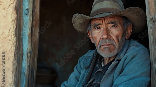 Portrait of an Elderly Cowboy with a Weathered Expression in Rustic Setting photo