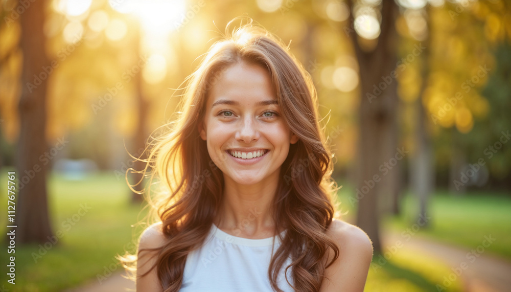 Smiling woman portrait with warm sunlight in park creating joyful atmosphere Smiling woman portrait with warm sunlight in park creating joyful atmosphere
