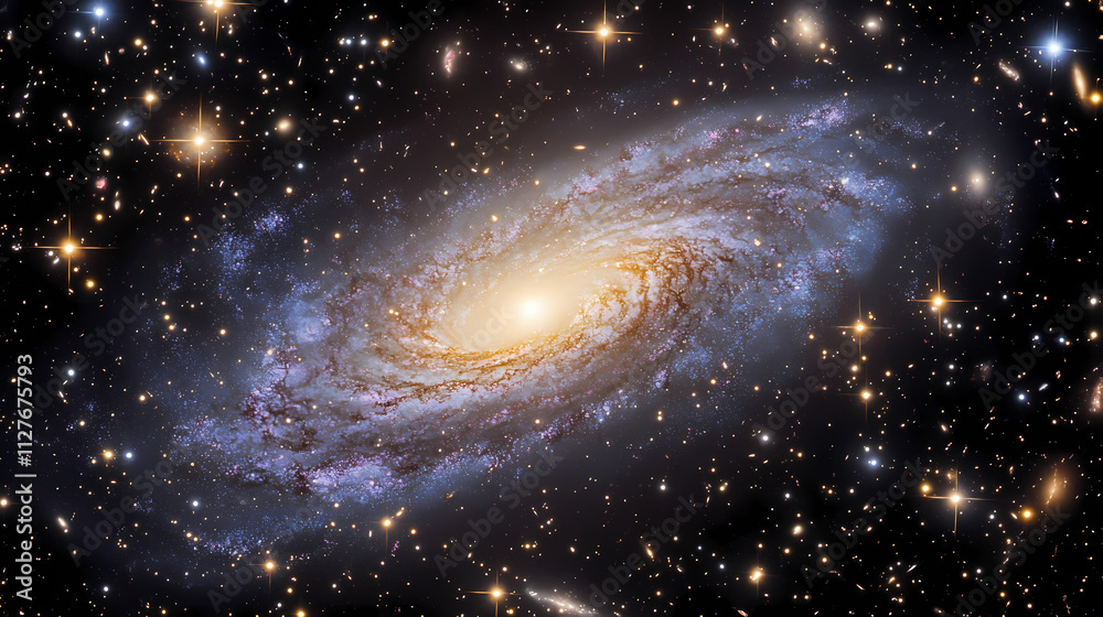 Fototapeta premium This image captures a swirling luminous spiral galaxy surrounded by countless stars, offering a mesmerizing view of the vastness of space and the universe's beauty. Eon. Illustration